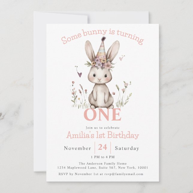 Some Bunny is Turning One Cute 1st Birthday Party Invitation (Front)