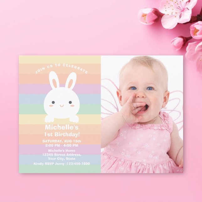 Some Bunny is Turning One Rainbow Birthday Photo Invitation (Creator Uploaded)