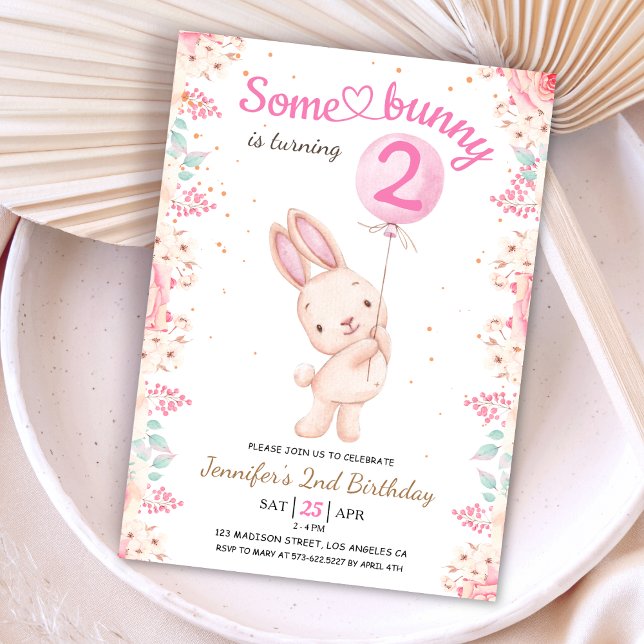 Some Bunny is Two! 2nd Birthday Girl Pink Balloon  Invitation (Creator Uploaded)