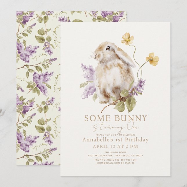Some Bunny Lop Purple Lilac Floral 1st Birthday Invitation (Front/Back)