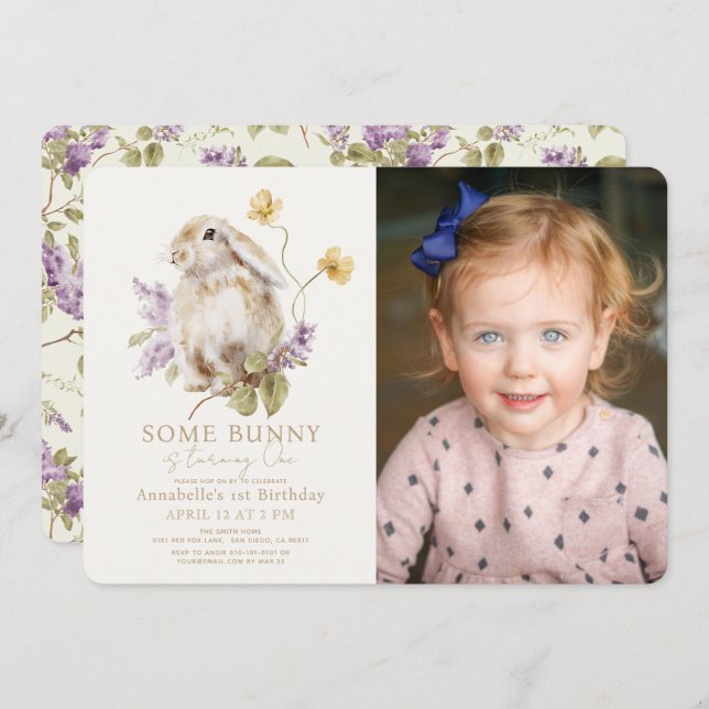 Some Bunny Lop Purple Lilac Photo 1st Birthday Invitation (Front/Back)