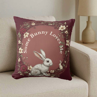 Some Bunny Loves Me Cottagecore Burgundy Easter Cushion
