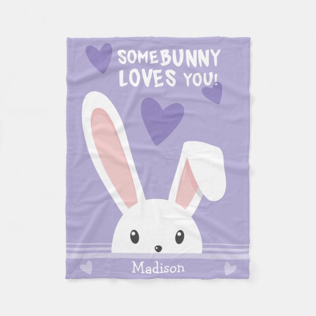 Some bunny loves you Cute hearts Kids Name Purple Fleece Blanket (Front)