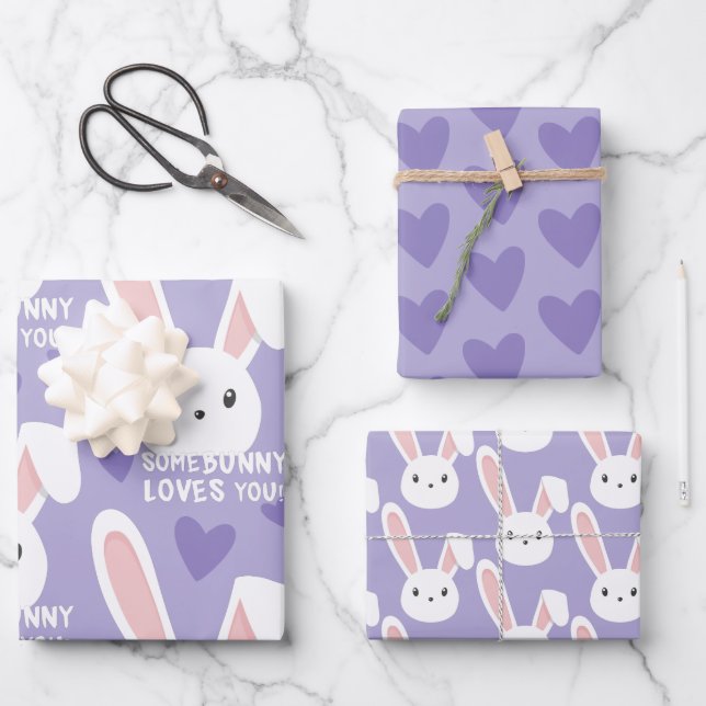 Some bunny loves you Cute hearts Purple Valentine  Wrapping Paper Sheet (Front)