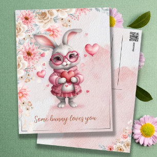 Some Bunny Loves You Romantic Pink Bunny & Hearts Postcard
