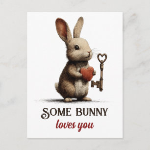 Some Bunny Loves You Vintage With Heart Key Postcard
