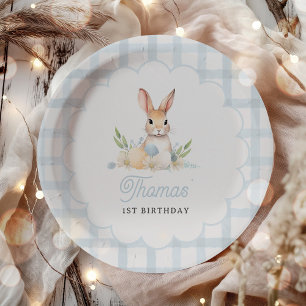 Some Bunny Pastel Spring Blue Gingham 1st Birthday Paper Plate