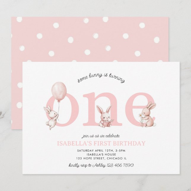 Some Bunny Pink Baby Girl One Easter 1st Birthday Invitation (Front/Back)