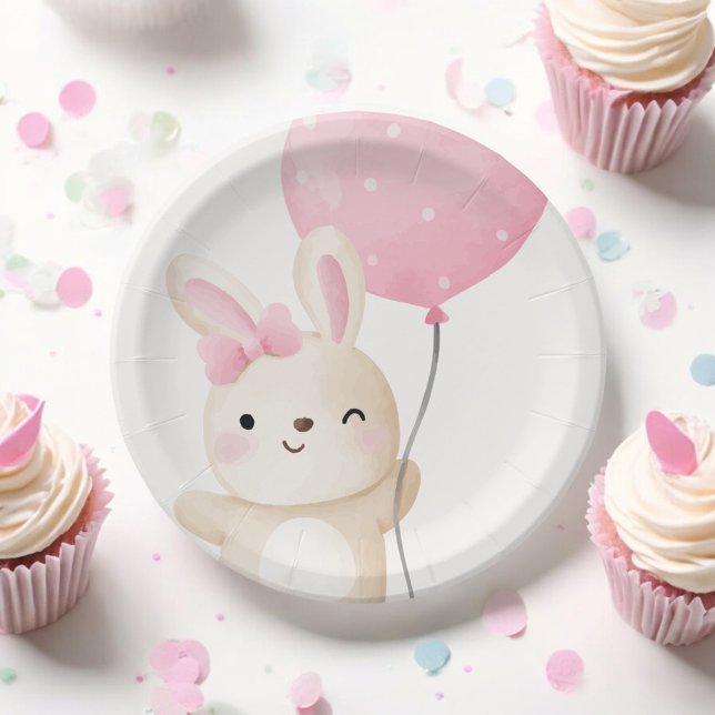 Some Bunny Pink Bow Balloon Wink Bunny Baby Shower Paper Plate (Creator Uploaded)