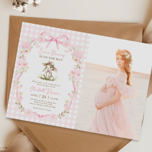 Some Bunny Pink Bow Gingham Baby Shower Photo Invitation