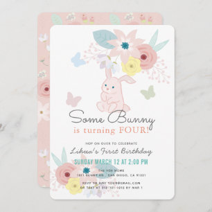 Some Bunny Pink Floral Butterfly Girl Birthday Invitation