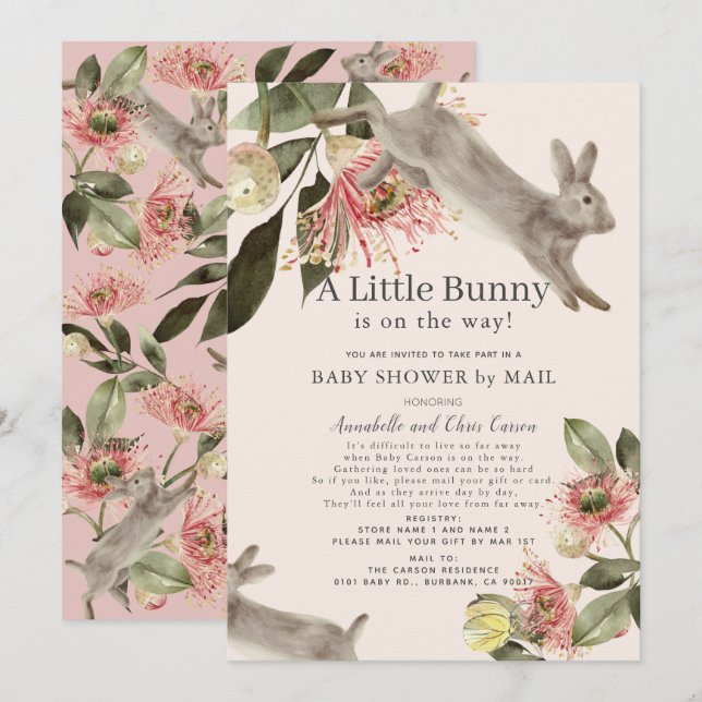 Some Bunny Pink Floral Girl Baby Shower by Mail Invitation (Front/Back)