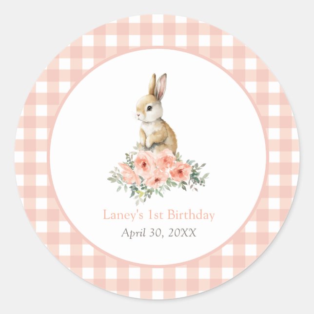 Some Bunny Pink Floral Girl Birthday Classic Round Sticker (Front)