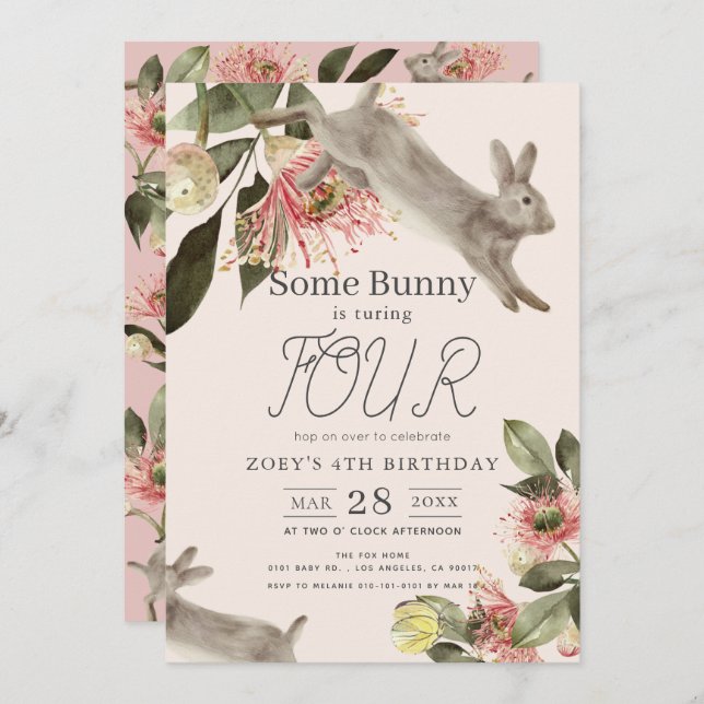 Some Bunny Pink Floral Girl Birthday Invitation (Front/Back)