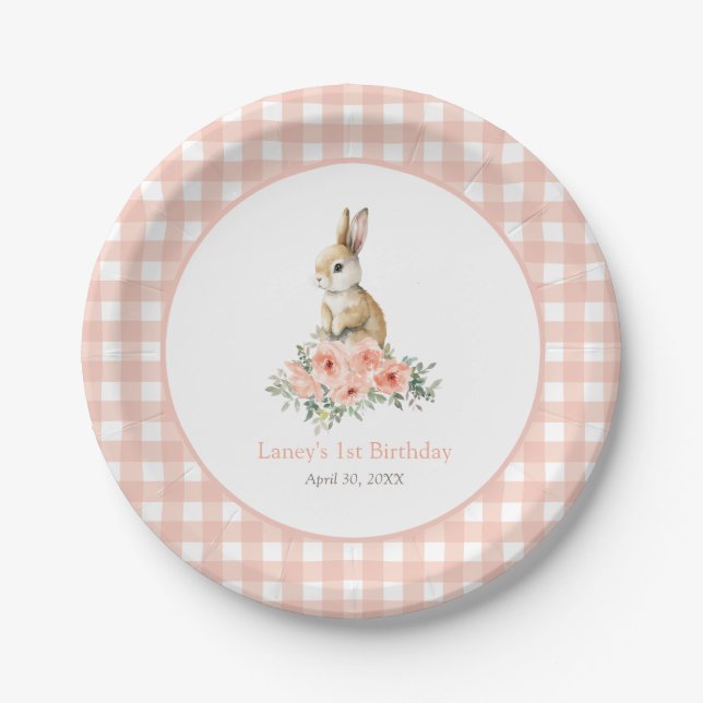 Some Bunny Pink Floral Girl Birthday Paper Plate (Front)