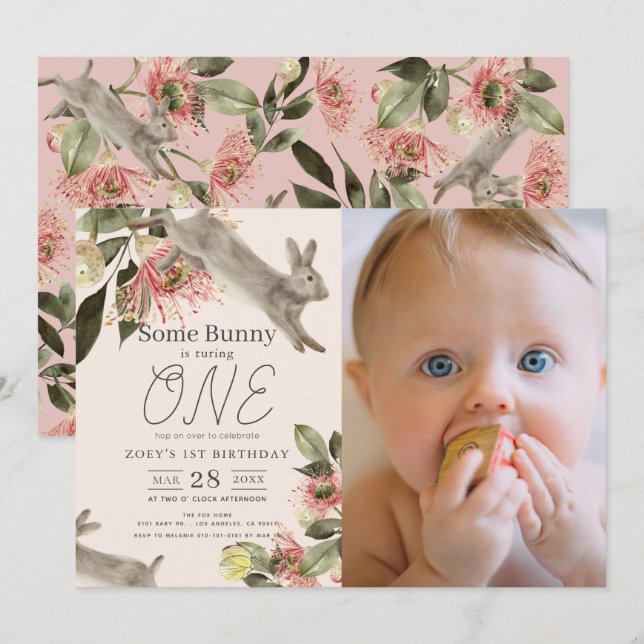 Some Bunny Pink Floral Girl Photo 1st Birthday Invitation (Front/Back)