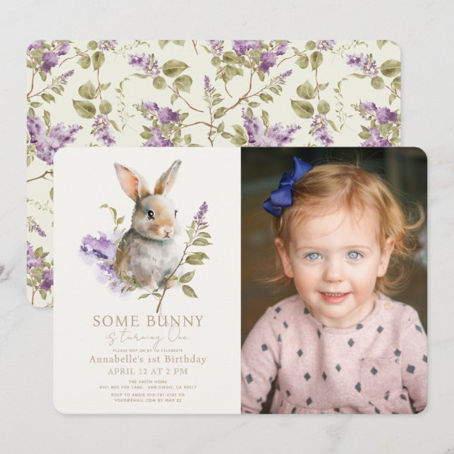 Some Bunny Purple Lilac Floral Photo 1st Birthday Invitation (Front/Back)