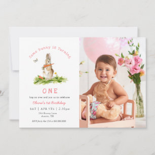 Some bunny Rabbit  Girl 1st birthday Photo Invitation