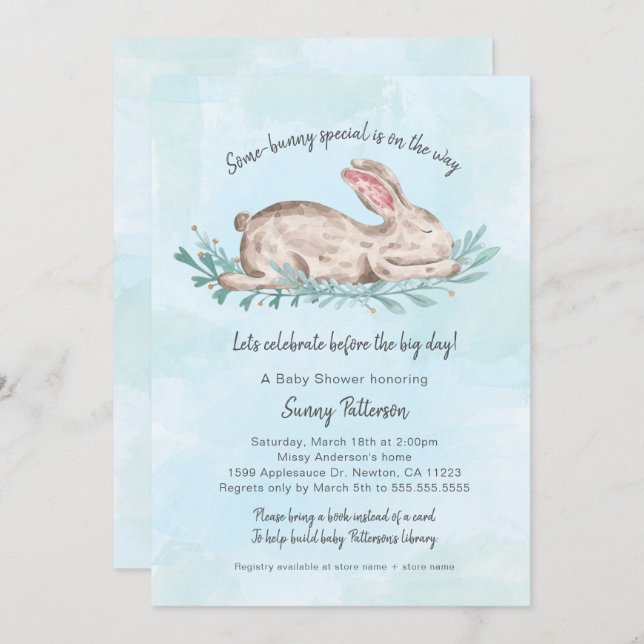 Some-bunny special book baby shower for boy invitation (Front/Back)