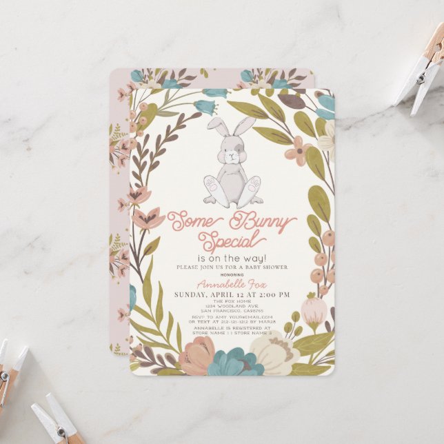 Some Bunny Special Floral Girl Baby Shower Invitation (Front/Back In Situ)