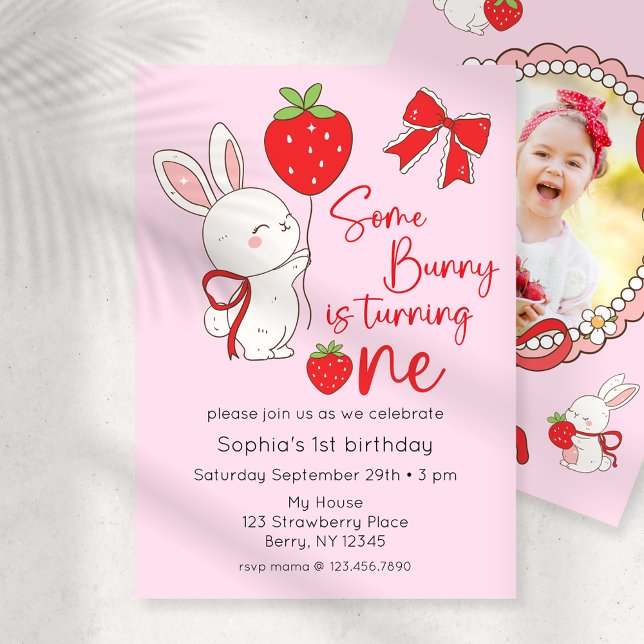 Some Bunny Strawberry 1st Birthday Photo Invitation (Creator Uploaded)