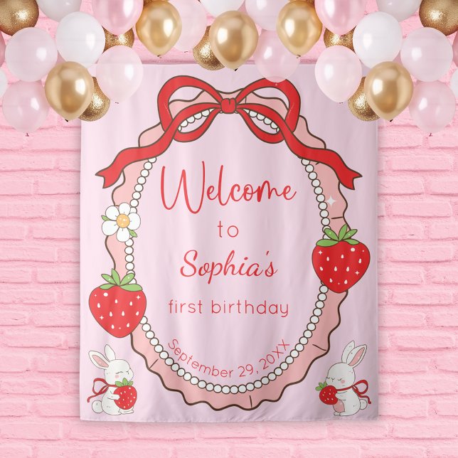 Some Bunny Strawberry Pink Frame Birthday Backdrop Tapestry (Creator Uploaded)