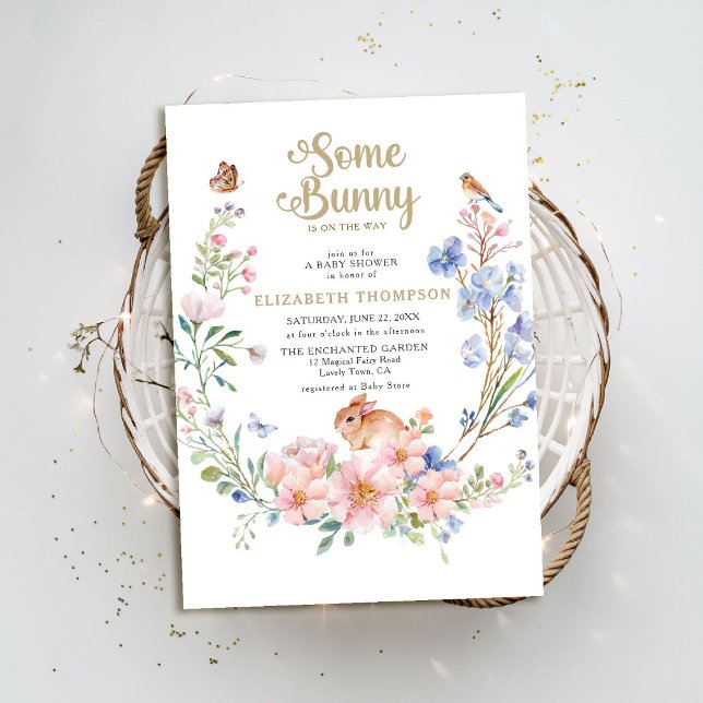 Some Bunny Wildflowers Garden Cute Baby Shower Invitation (some bunny baby shower invitation enchanted garden woodland forest spring easter wildflowers)
