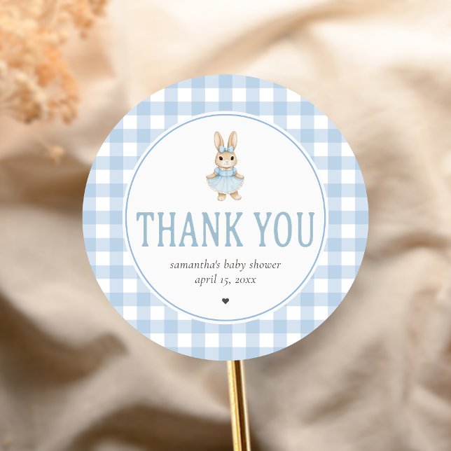 Somebunny Baby Shower Classic Round Sticker (Gingham Little Bunny Baby Shower Sticker)