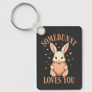 Somebunny Loves You Cute Bunny on Black Background Key Ring