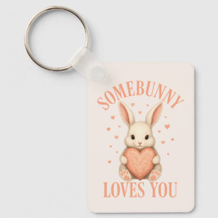 Somebunny Loves You Cute Bunny on Soft Blush Key Ring