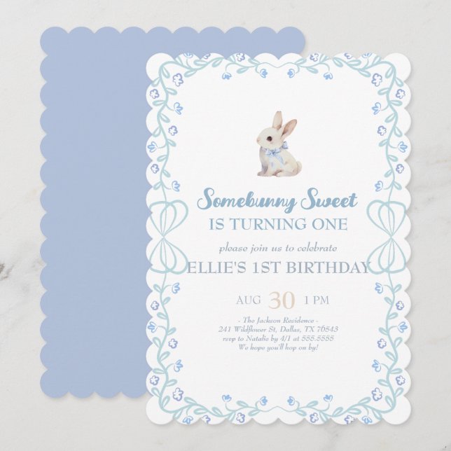 Somebunny Sweet Bunny 1st Birthday Spring Floral I Invitation (Front/Back)
