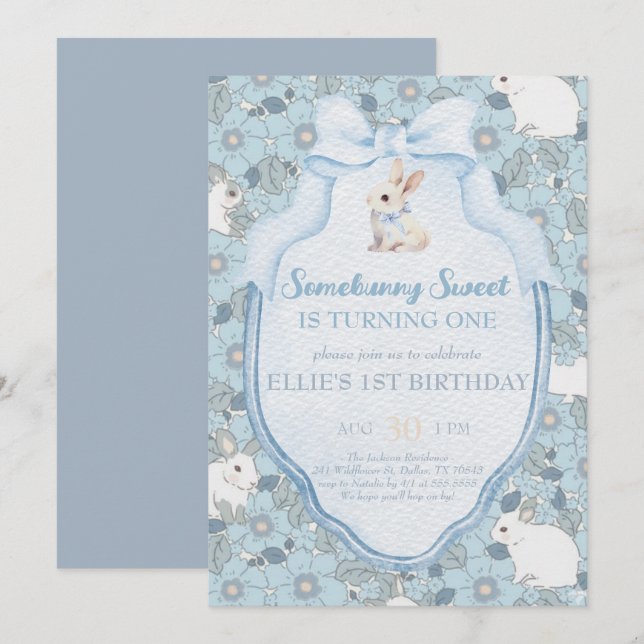 Somebunny Sweet Bunny 1st Birthday Spring Floral I Invitation (Front/Back)
