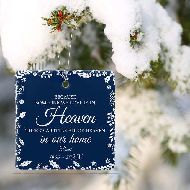 Someone In Heaven Winter Greenery Photo Navy Blue Ceramic Ornament (Someone In Heaven Winter Greenery Photo Navy Blue Ceramic Ornament)