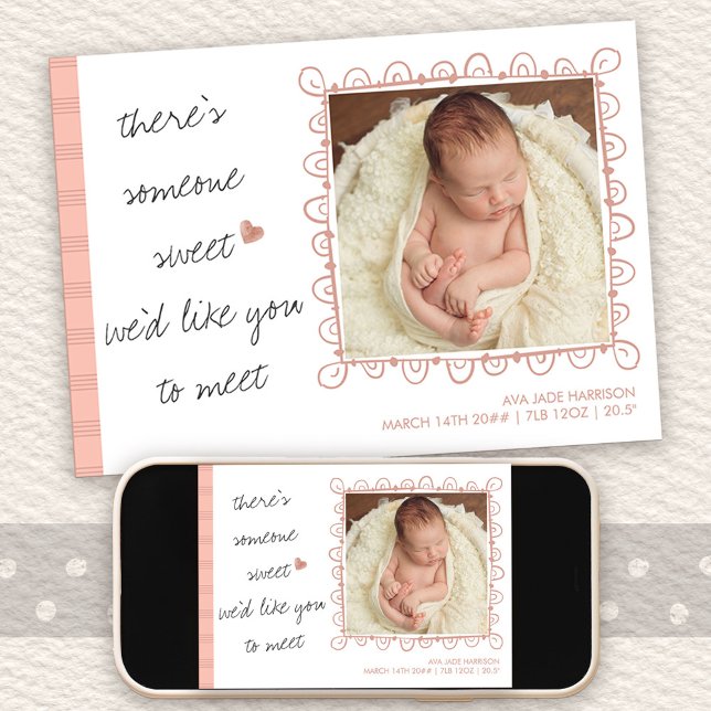 Someone Sweet to Meet 2 Photo Baby Girl Birth Announcement (Framed photo birth announcement with handwritten wording)