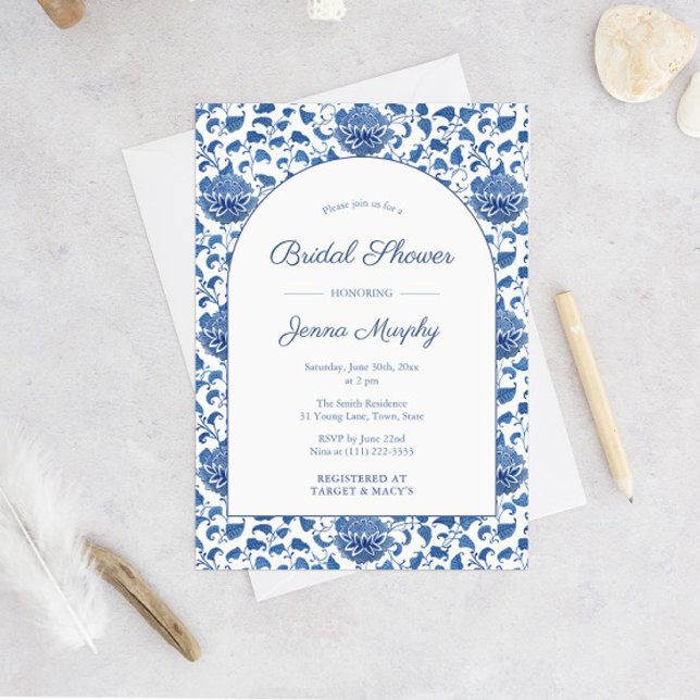 Something Blue Antique Chinoiserie Wedding Shower Invitation (Arch Shape Blue And White Chinoiserie Pattern Bridal Shower Invitation)