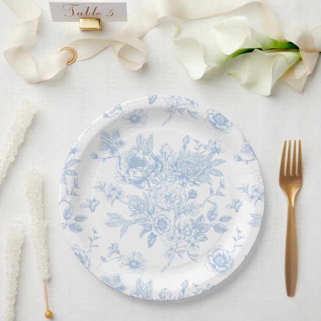 Something Blue Before I Do Blue Floral Toile Paper Plate (Wedding)
