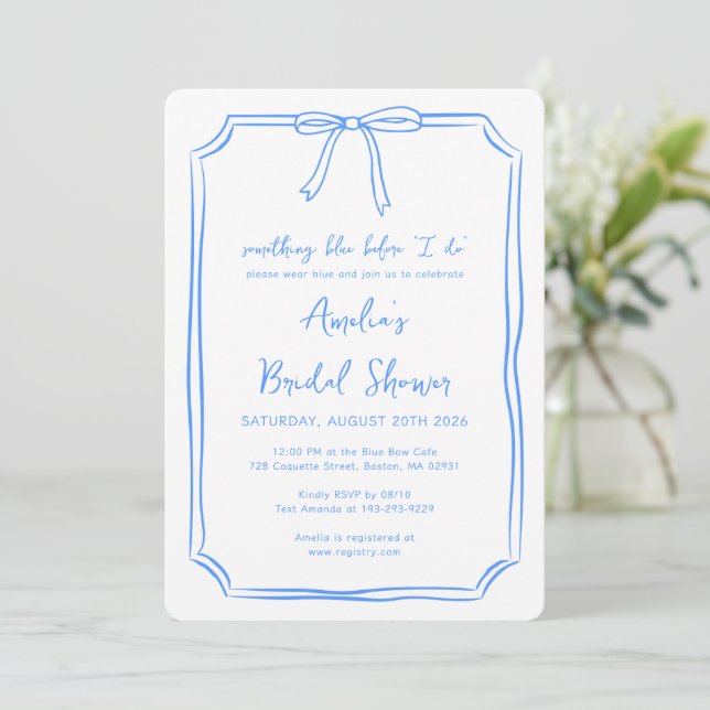 "Something Blue Before I do" Bow Bridal Shower Invitation (Standing Front)