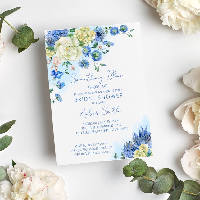 Something blue before i do bridal shower floral invitation (Something blue before I do bridal shower invitation template vintage botanical garden themed shower)