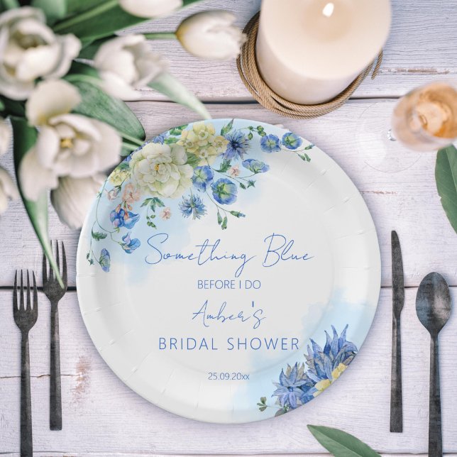 Something blue before i do bridal shower floral paper plate (Something blue before I do bridal shower tableware personalized paper plates dusty blue flowers)