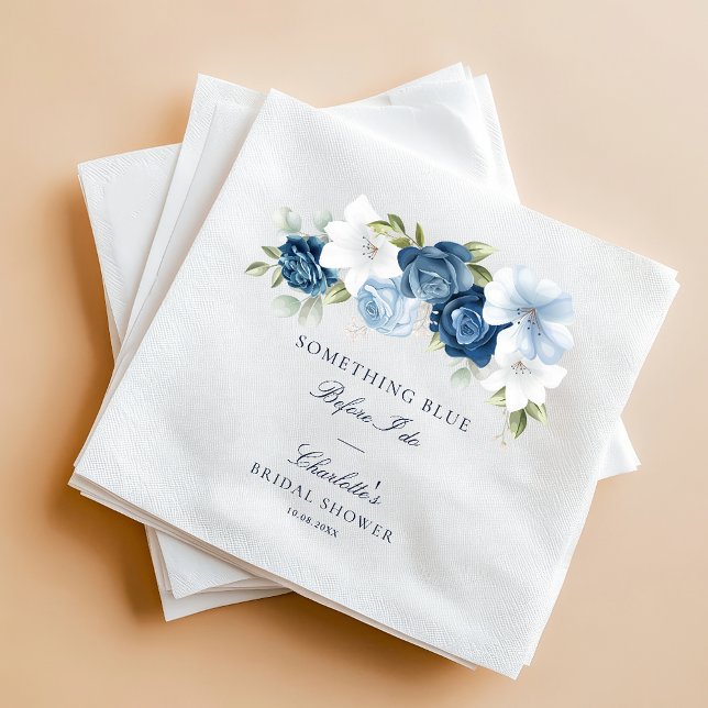 Something Blue Before I Do Floral Bridal Shower Napkin (Dusty Blue Floral Script Party Paper Napkin)
