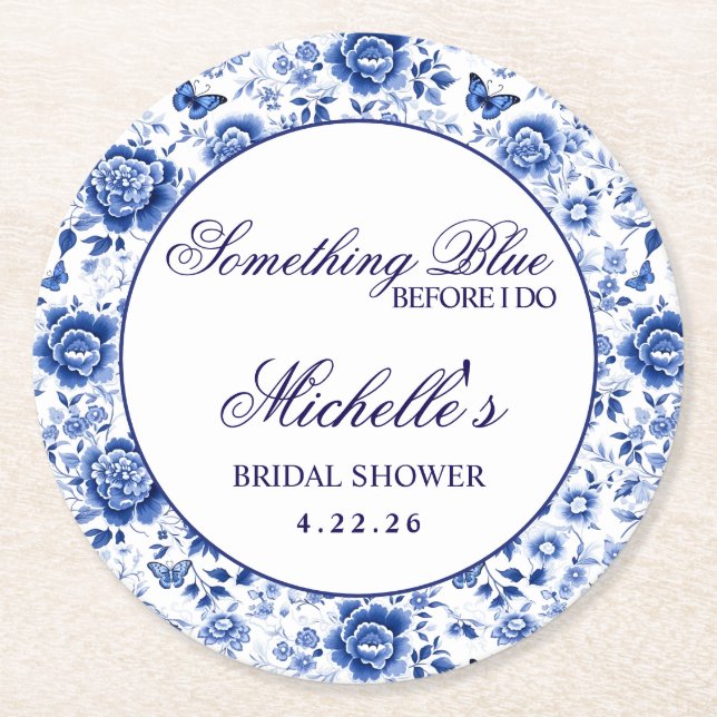 Something Blue Before I Do Floral Bridal Shower  Round Paper Coaster (Front)