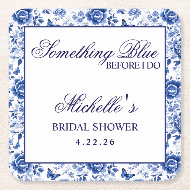 Something Blue Before I Do Floral Bridal Shower  Square Paper Coaster (Front)