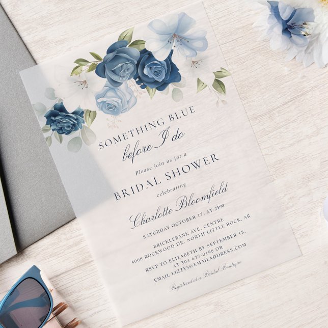 Something Blue Before I Do Floral Bridal Shower Vellum Invitations (Something Blue Watercolor Floral Bridal Shower Vellum Invitation)