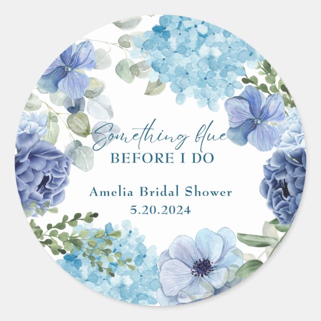 Something blue before i do hydrangea bridal shower classic round sticker (Front)