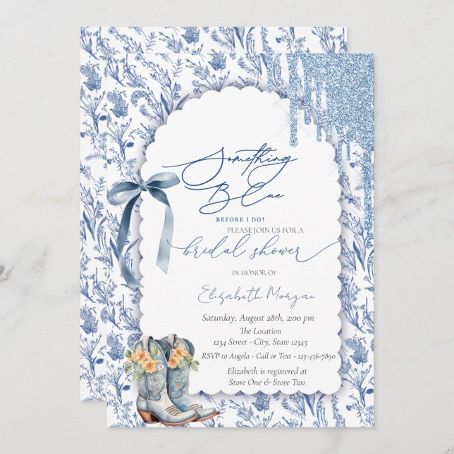 Something Blue Bow Drips Cowboy Boots Floral Invitation (Front/Back)