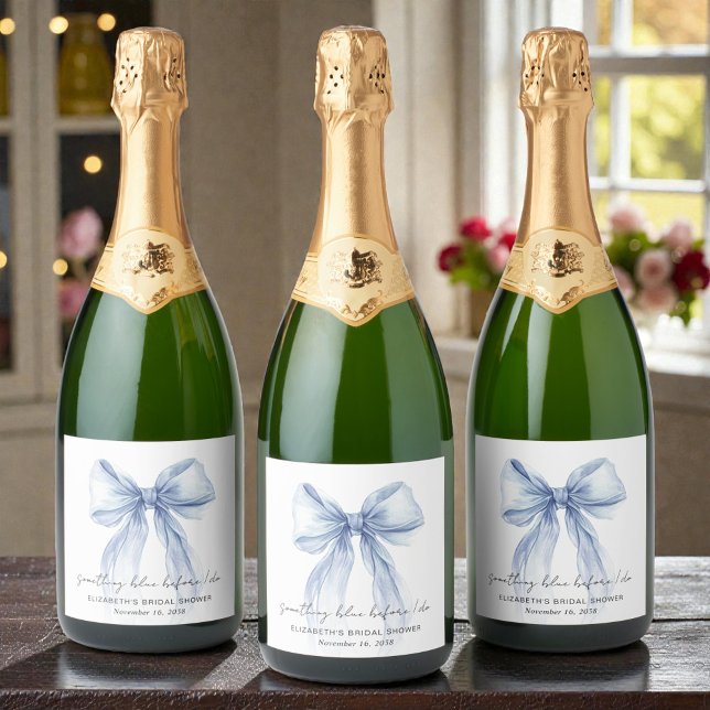 Something Blue Bow Watercolor Bridal Shower Sparkling Wine Label (Something Blue Bow Watercolor Bridal Shower Sparkling Wine Label)