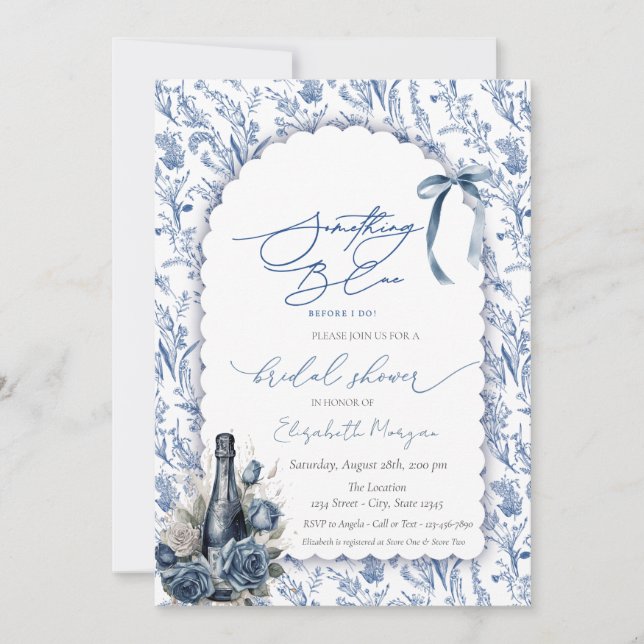Something Blue Bow Wine Bottle Roses Floral Invitation (Front)