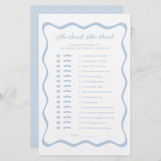 Something Blue Bridal Shower He Said She Said Game (Front/Back)
