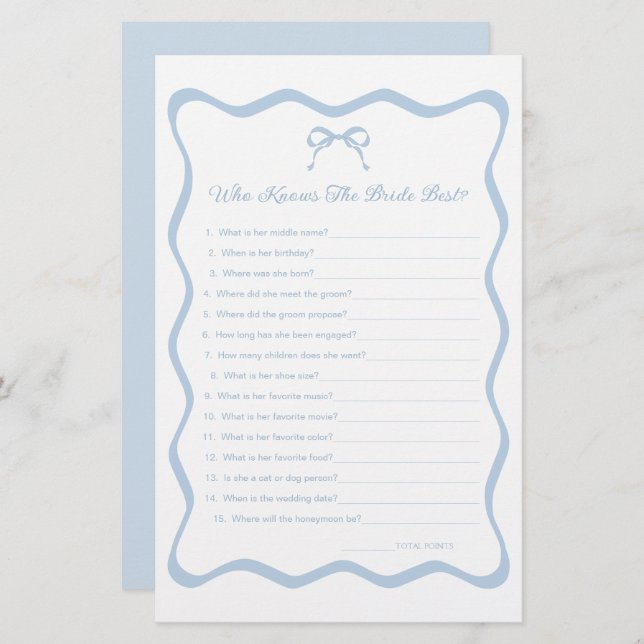 Something Blue Bridal Shower Who Knows Bride Game (Front/Back)