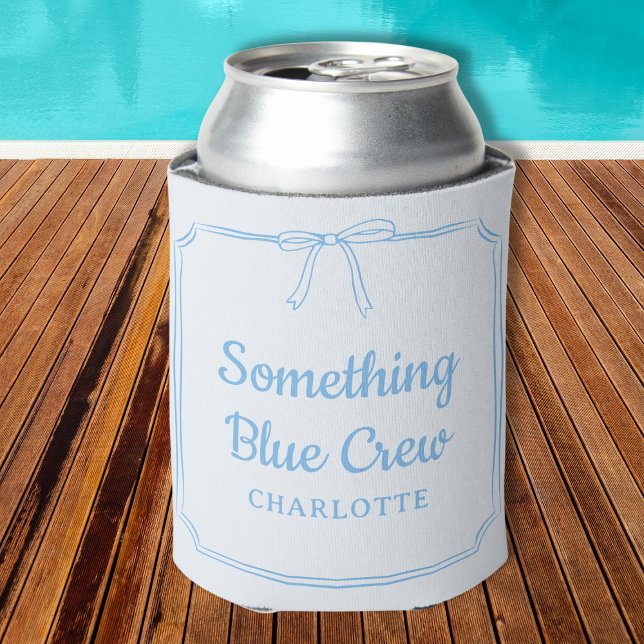 Something Blue Crew Elegant Bow Custom Name  Can Cooler (Chic Bow Custom 'Something Blue Crew' Can Cooler - Perfect for Trendy & Stylish Bachelorette Parties)